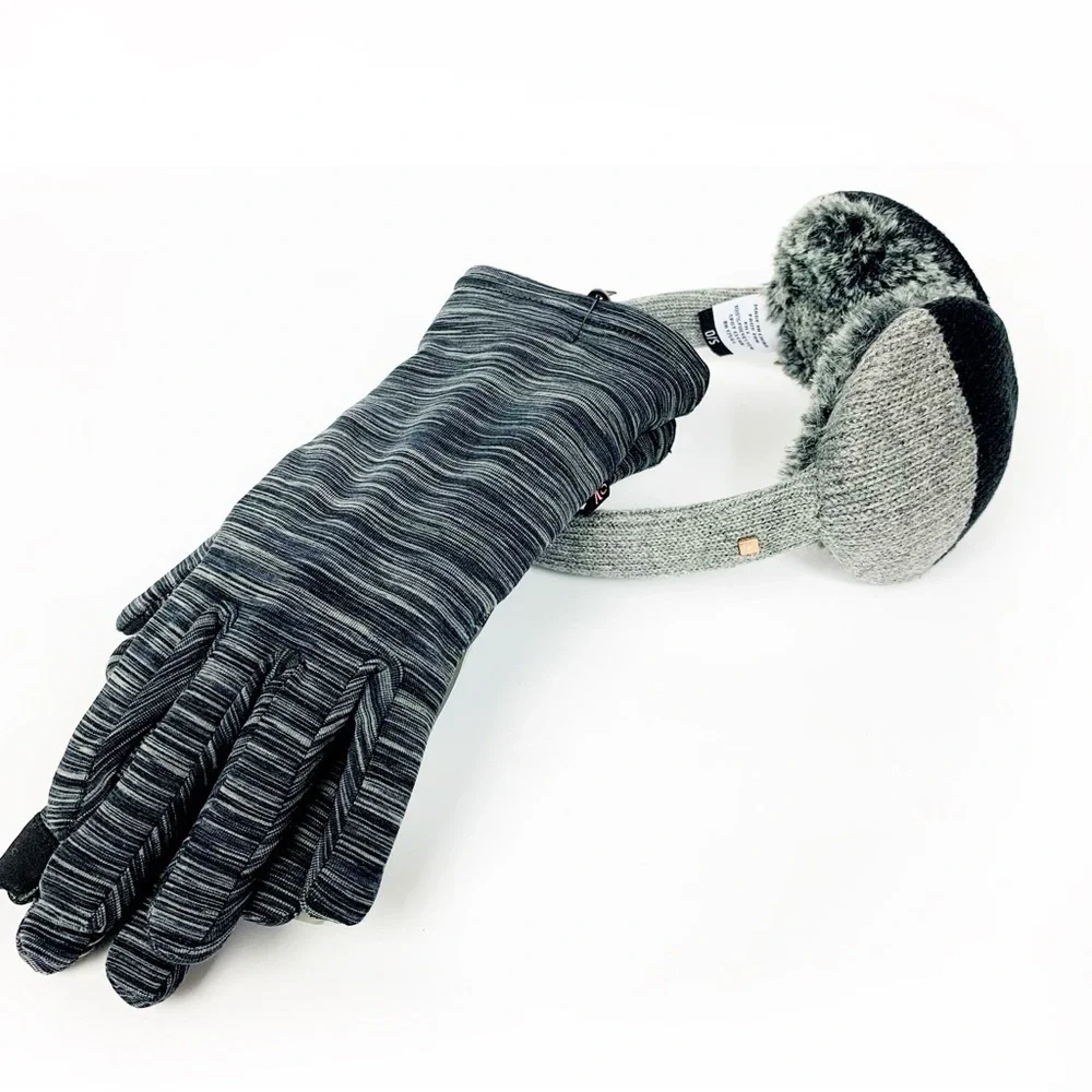 Touchscreen Grey Fleece Lined Gloves | Earmuff Audio Headphones Cords Included